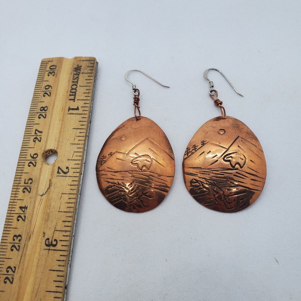 Copper and Sterling Silver Bear Mountain Scene Earrings 925